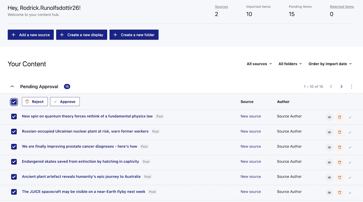 The WP RSS Aggregator dashboard, showing a list of posts to approve.
