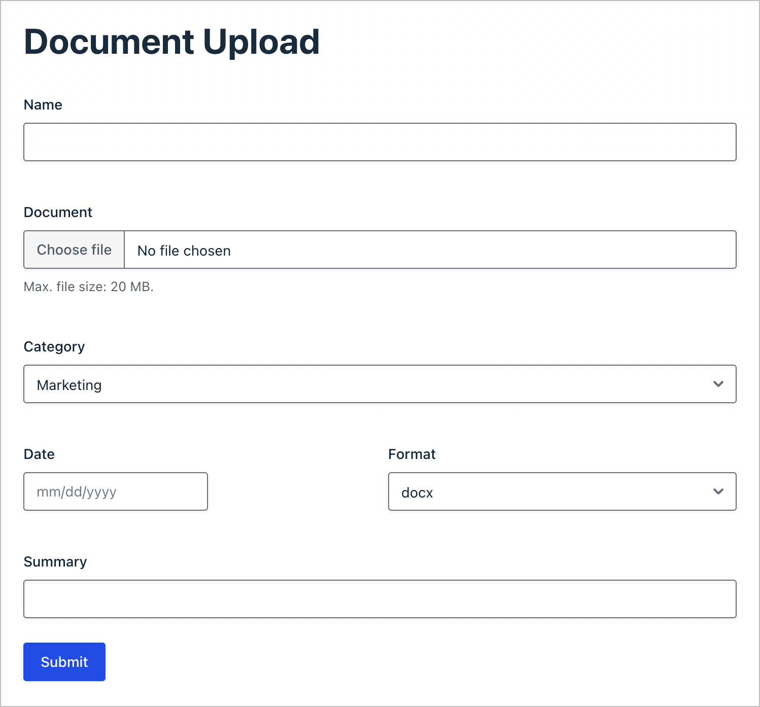 A document upload form built using Gravity Forms; here there are fields for Name, Document (file Upload), Category, Date, Format, and Summary.