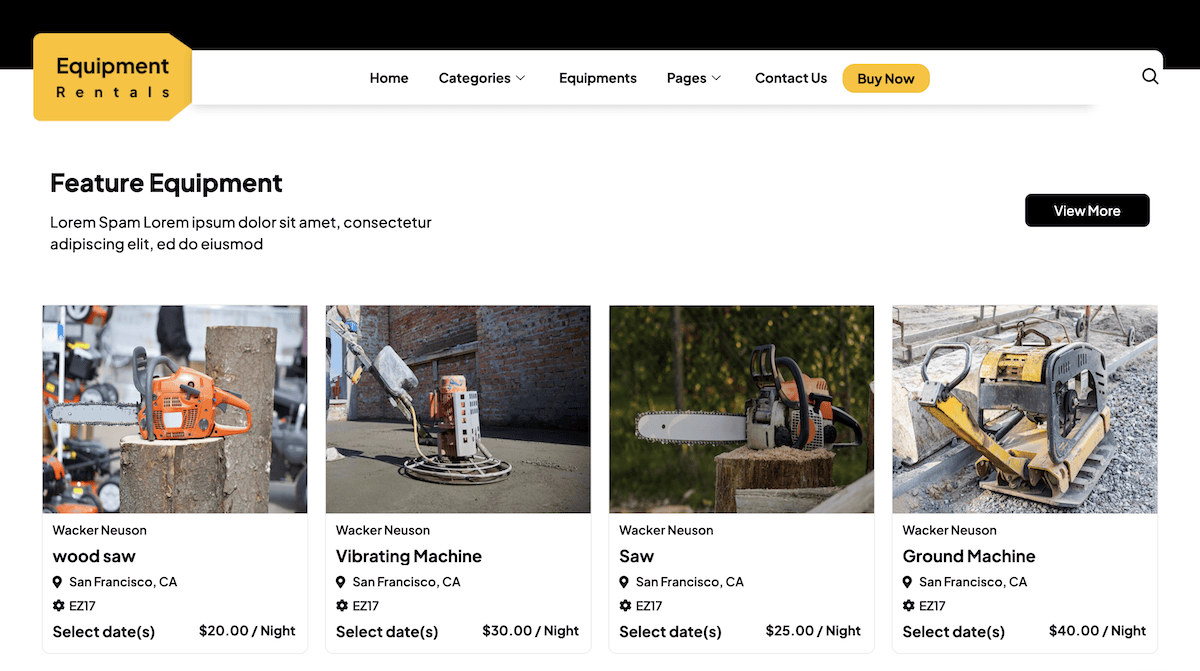 The Equipment Rental theme home page by wpelemento.