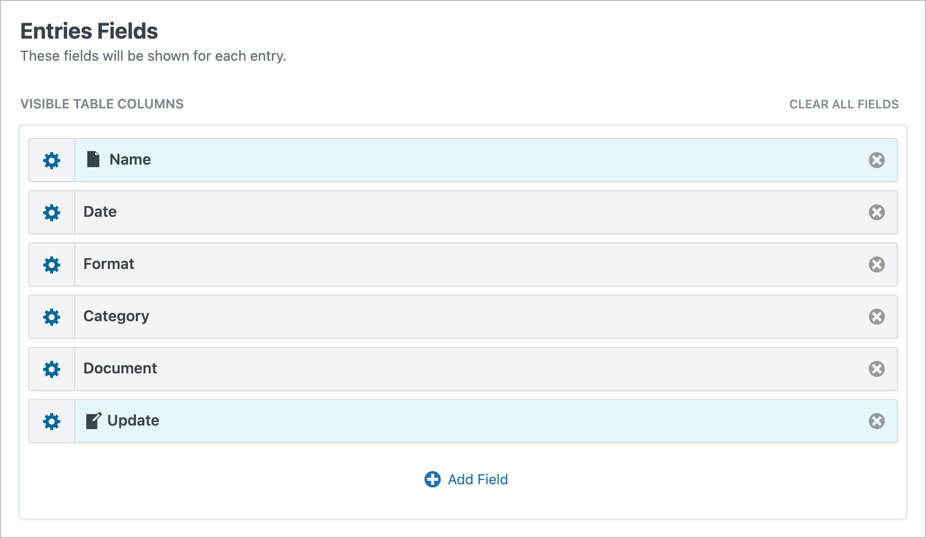 The 'Entries Fields' section of the GravityView editor showing a number of form fields added.