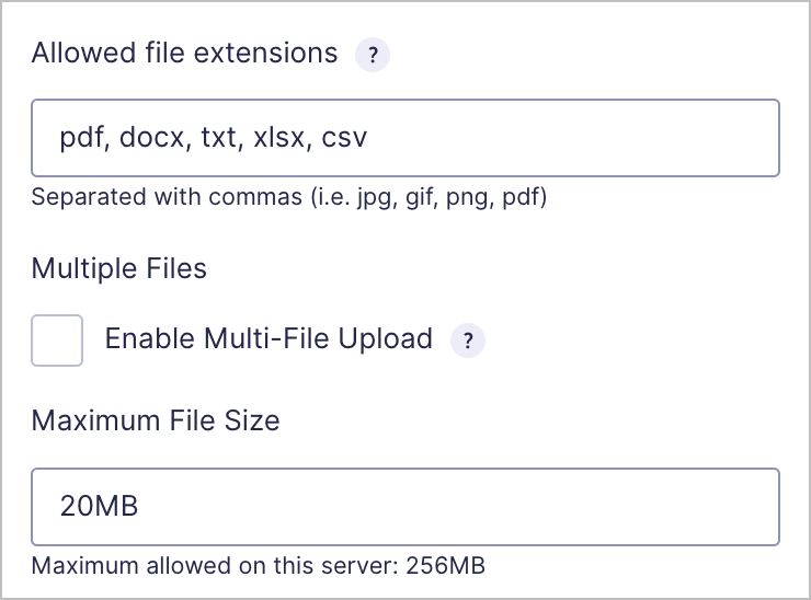 The field settings for the Gravity Forms 'File Upload' field.