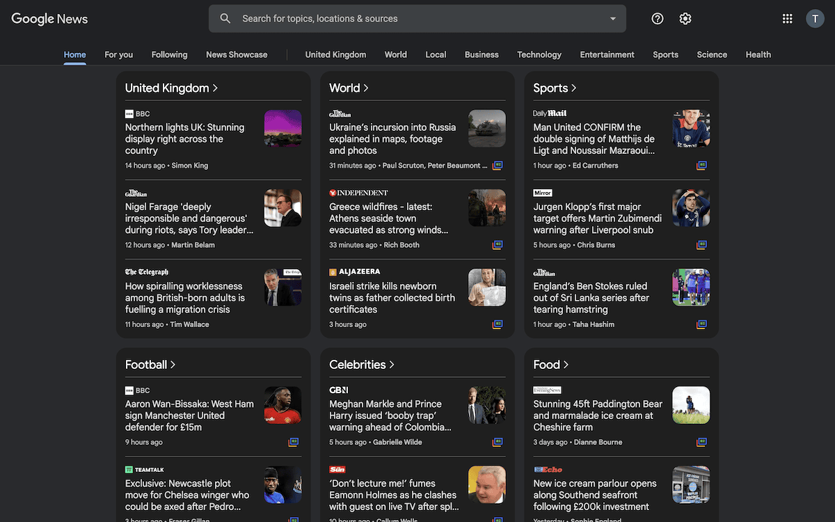 The Google news dashboard.