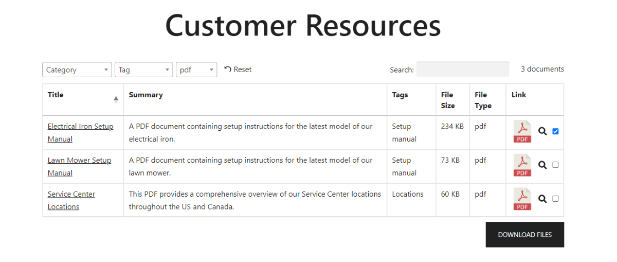 The Document Library Pro front-end interface.