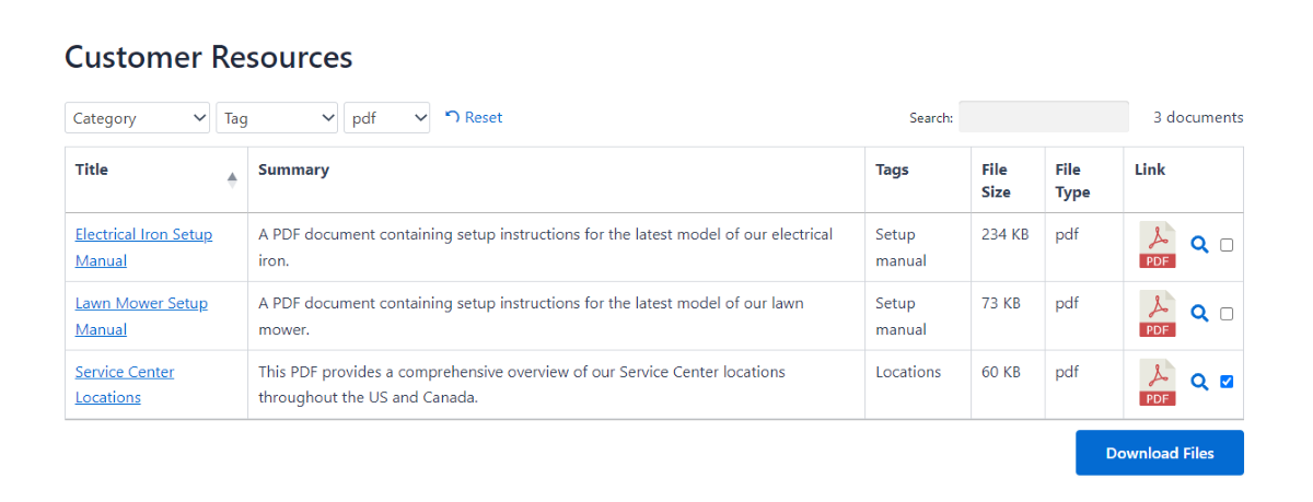 The table file layout of Document Library Pro on the front end.