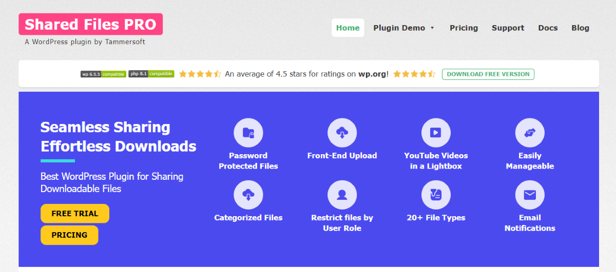 The Shared Files Pro plugin website.