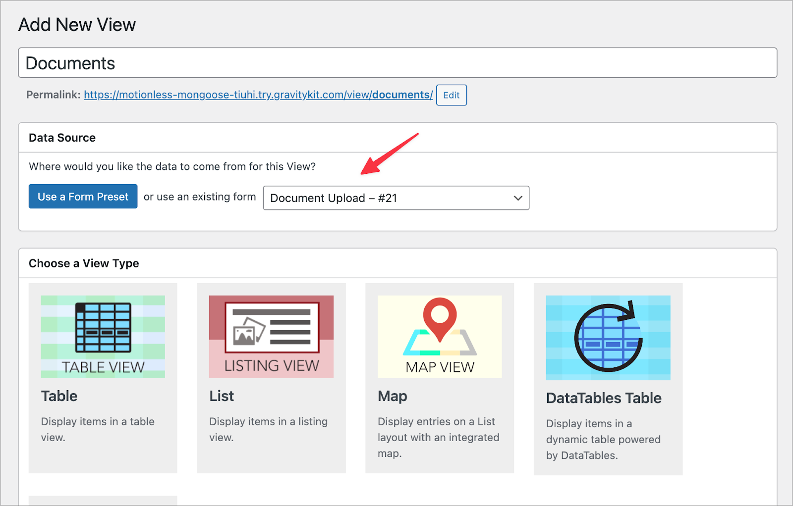 The View configuration screen; there is an arrow pointing to the 'Data source' drop down field, enabling you to link a View with a specific form.