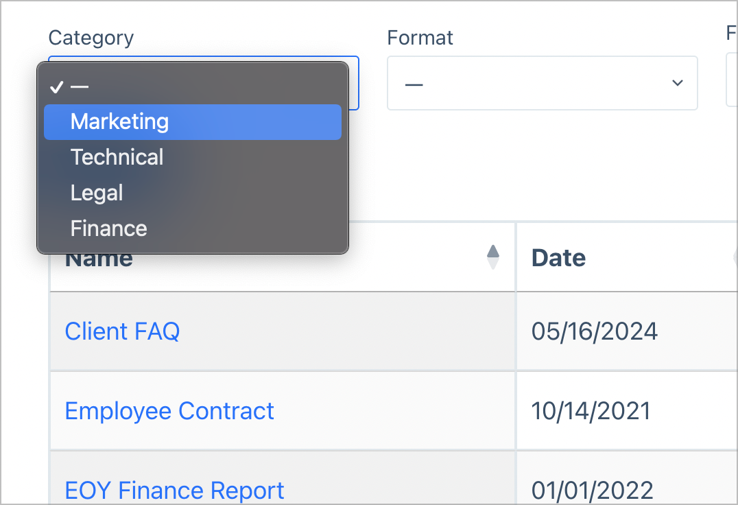 The category drop-down menu in the document management search bar; here there are categories for Marketing, Technical, Legal and Finance.