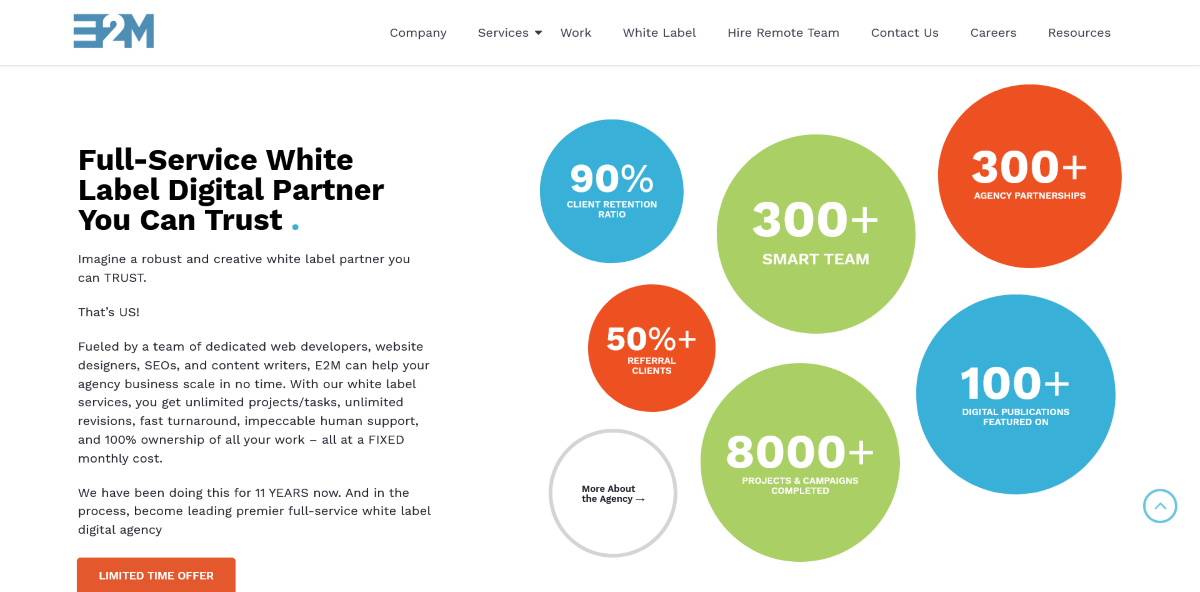 The E2M Solutions homepage.