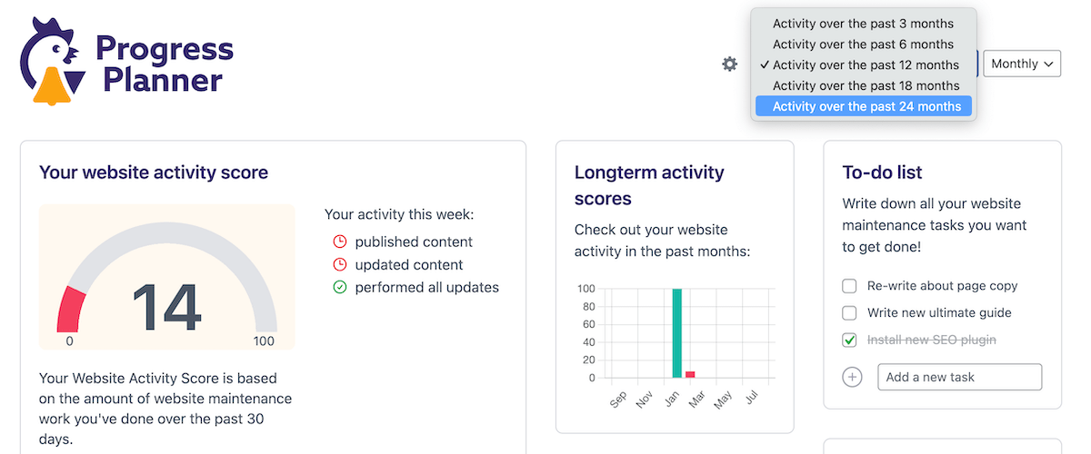 The Progress Planner dashboard, with a drop-down menu to select a filter range over a specific time period.