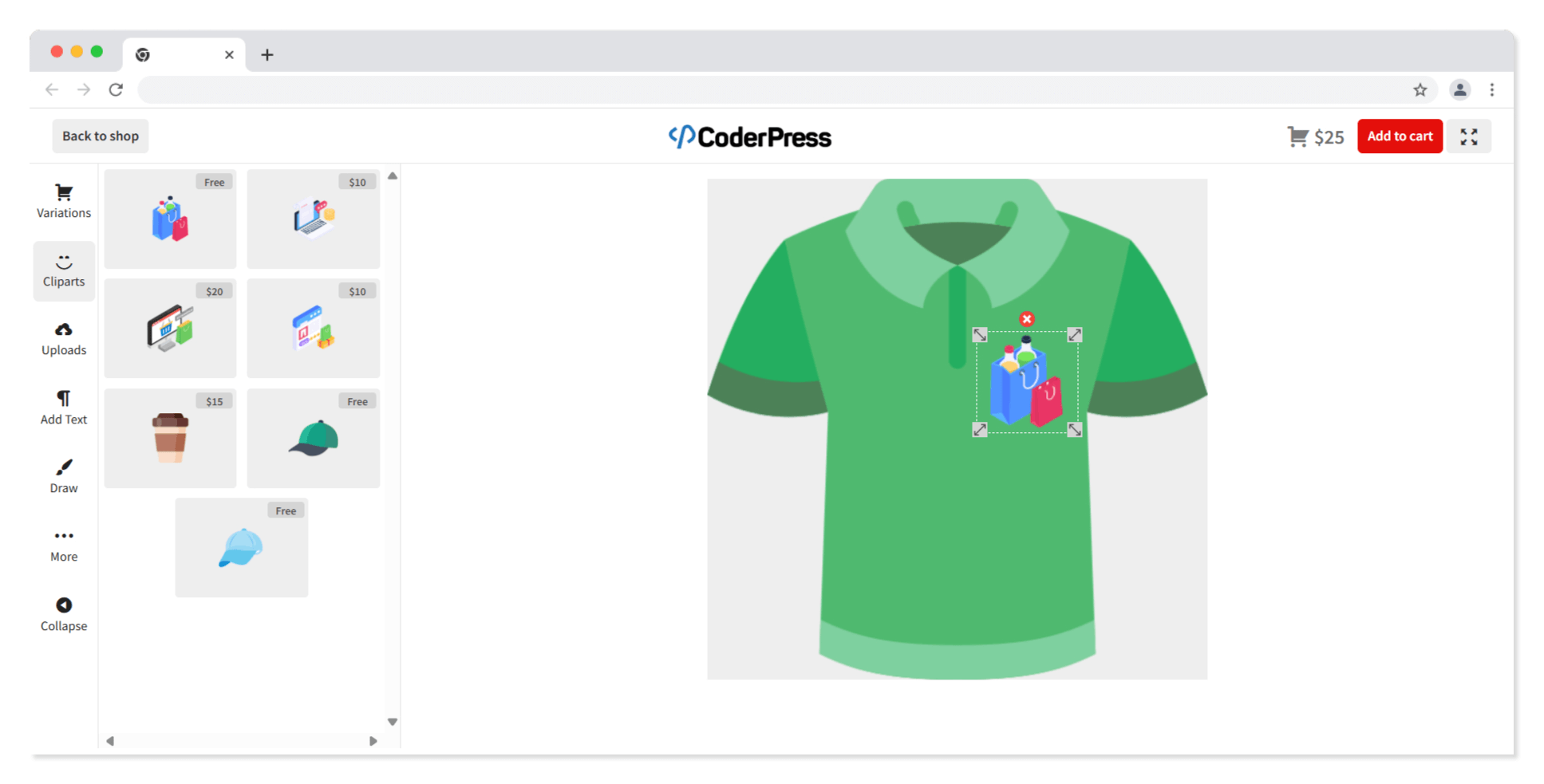 The Custom Product Builder for WooCommerce interface, showing a green shirt complete with custom clipart. The left-hand side shows the various elements you can add to designs.