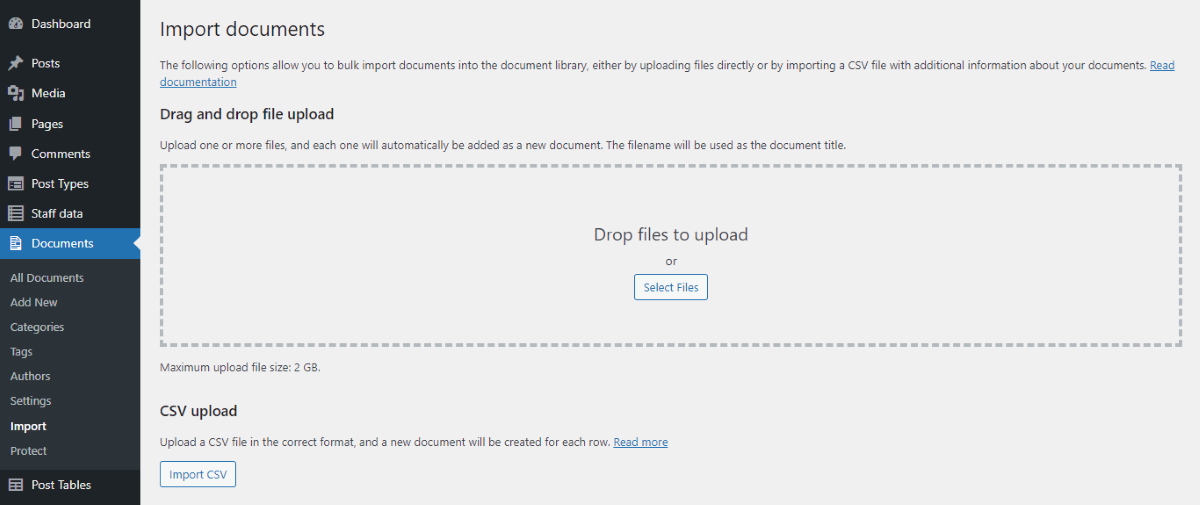 The Document Library Pro upload interface within WordPress.