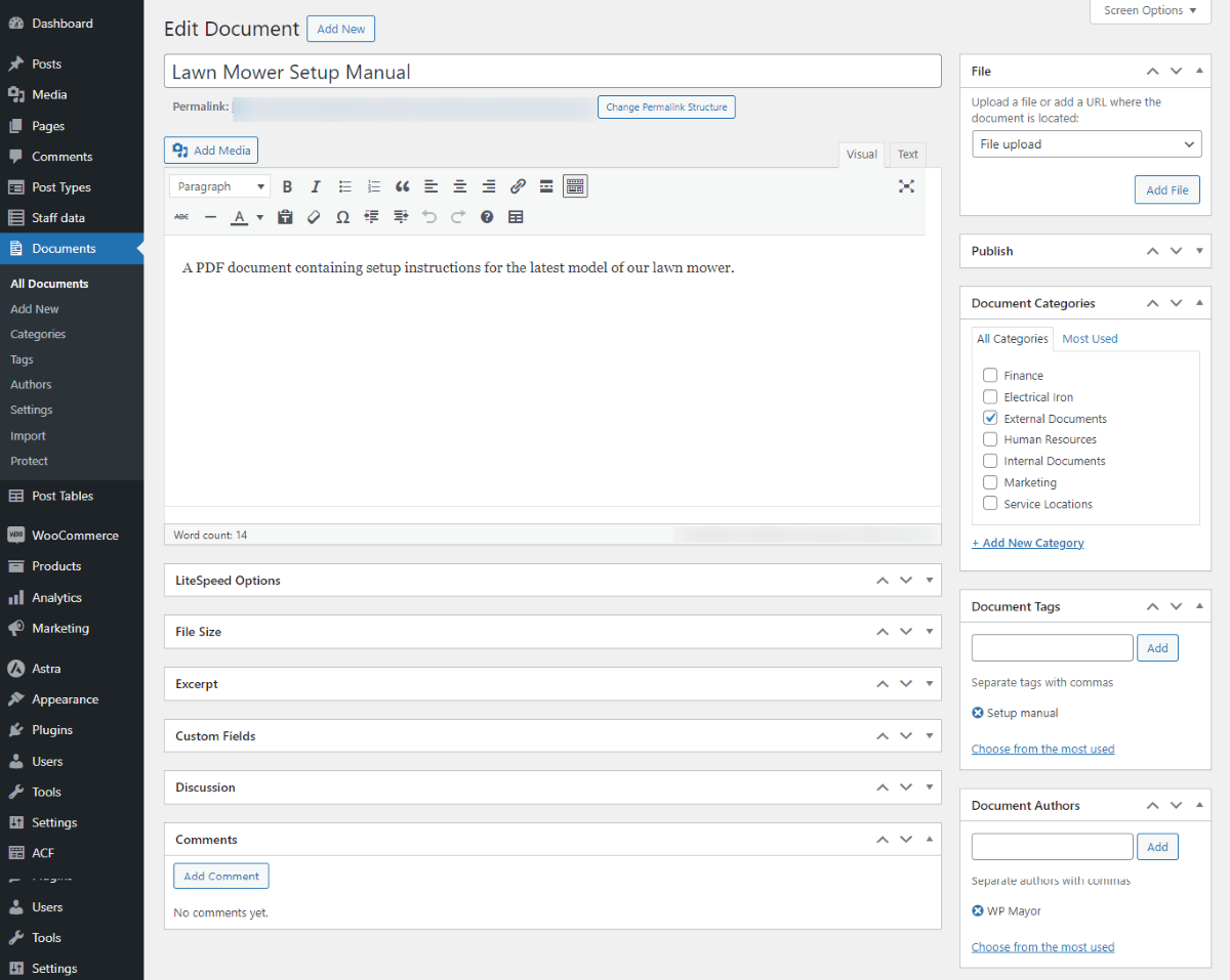 The Edit Document screen within Document Library Pro.