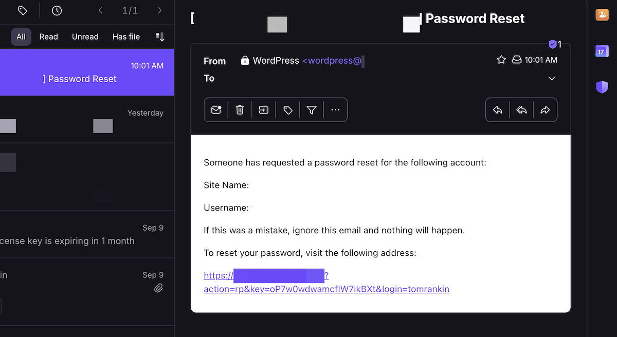 An email inbox showing a transactional email from a WordPress website, asking to change a password.
