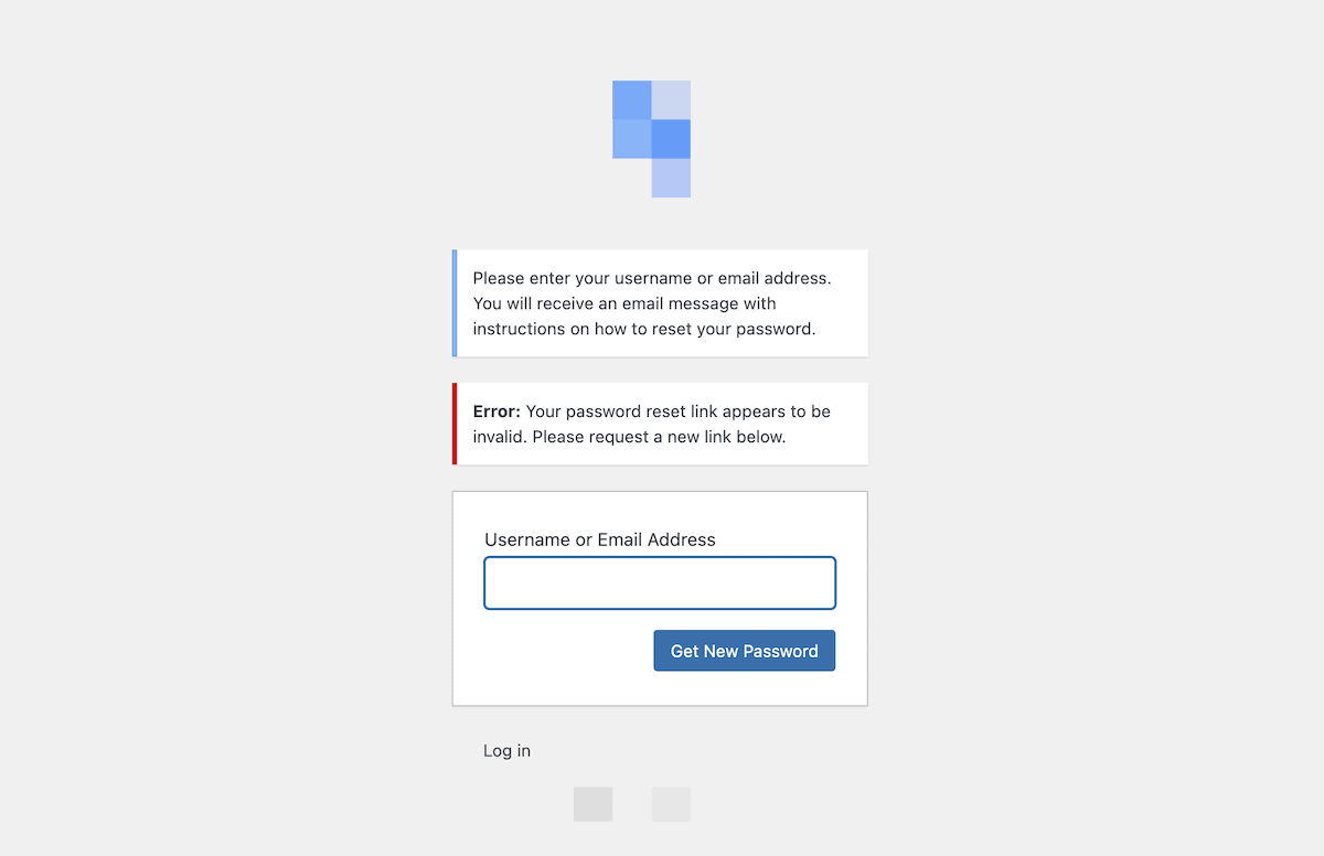 A WordPress login page showing an error message that a password reset link has expired.