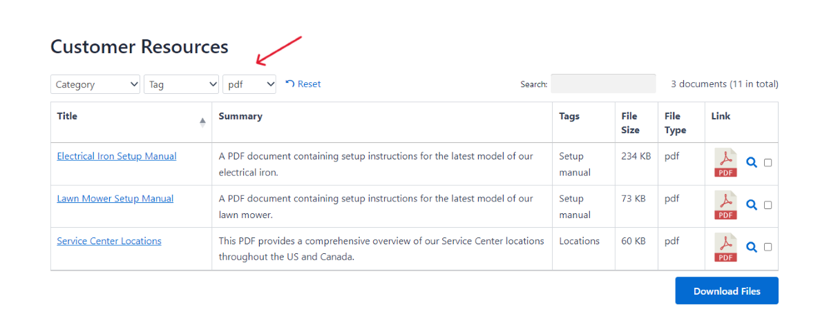 A document table on the front end of a website showing the filtering drop-down menus for the available files.