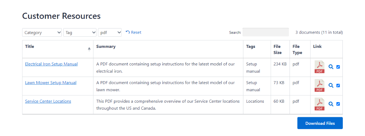 A WordPress document library on the front end of a website.