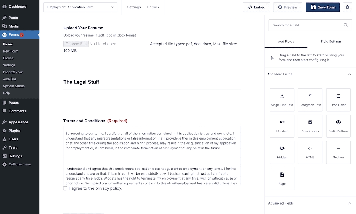 The Gravity Forms interface within WordPress.