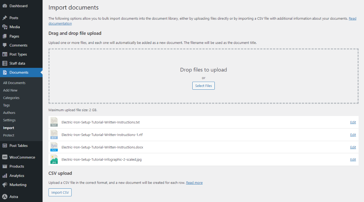 The Document Library Pro Import documents interface showing a set of imported files.