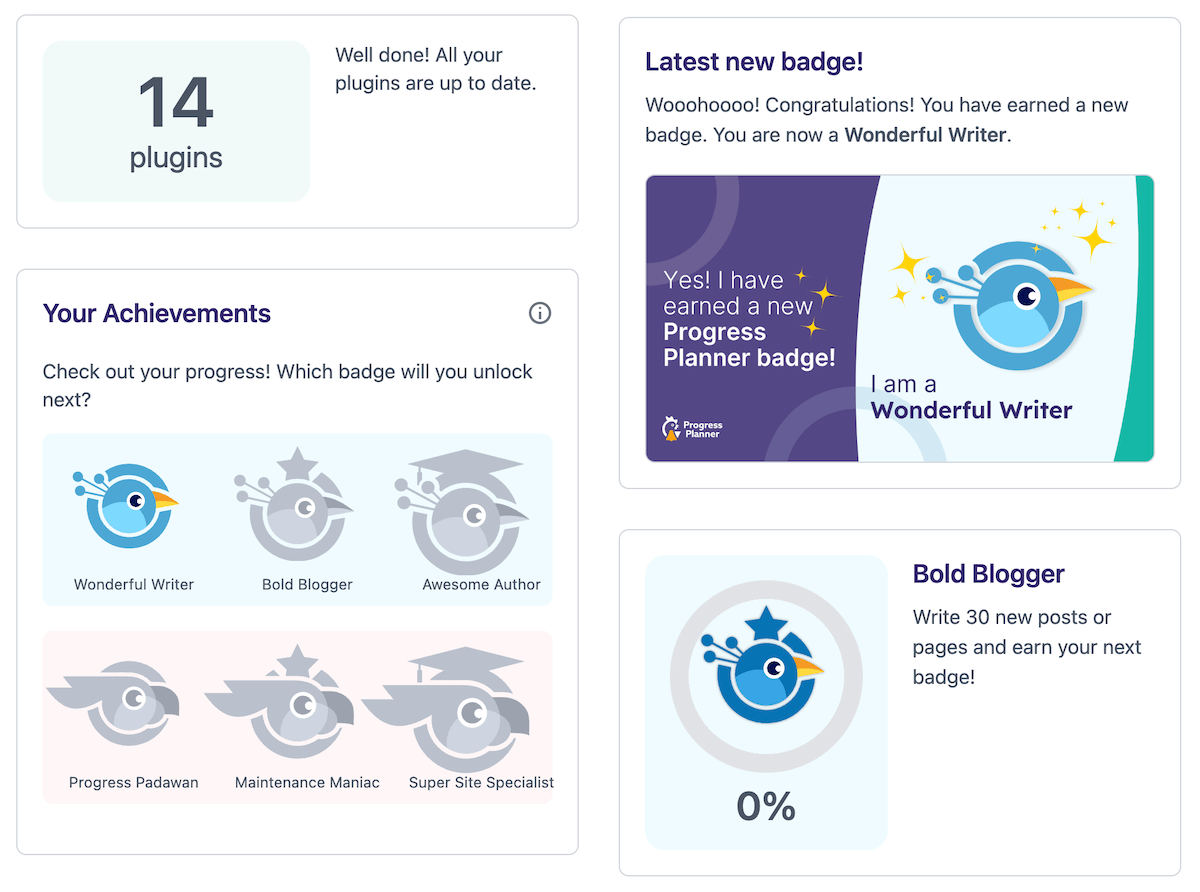 Progress Planner's achievements screen showing widgets relating to updating plugins, completed badges, a task to earn a new badge, and the latest badge achieved.