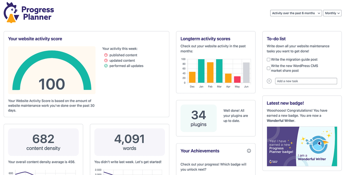 The Progress Planner dashboard, which shows site maintenance and activity, a to-do list, and current progress updates.