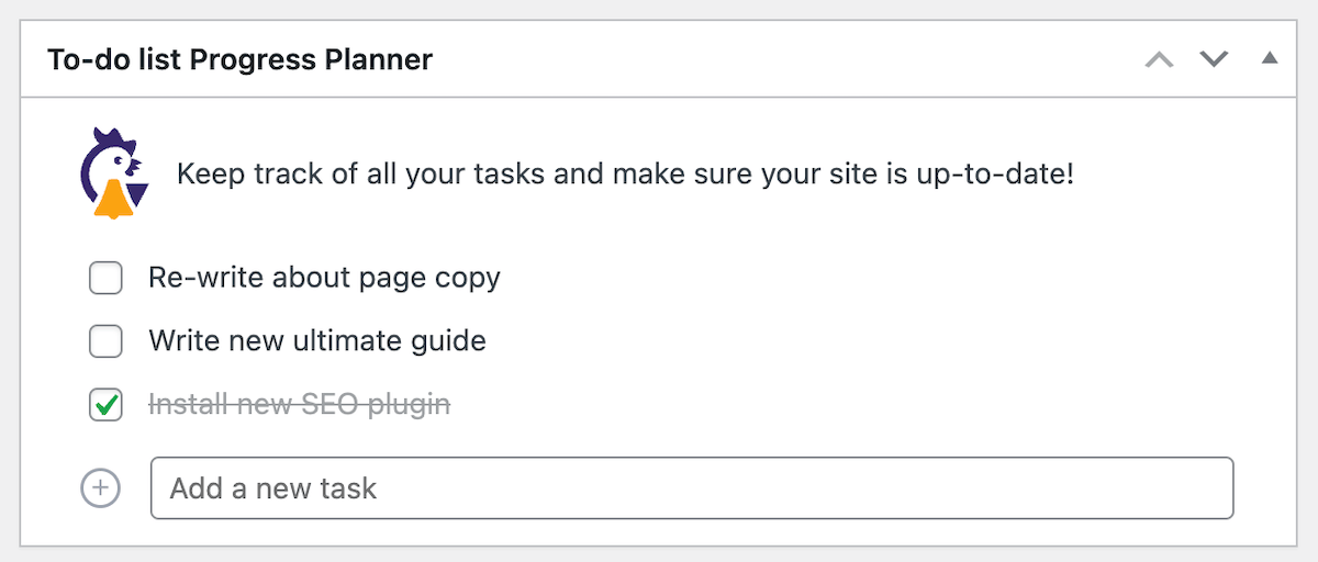 The Progress Planner To-do list a a widget on the home screen of the WordPress dashboard.