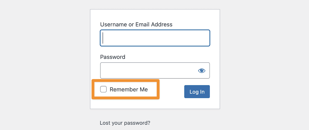 The WordPress login page, highlighting the Remember Me checkbox.
