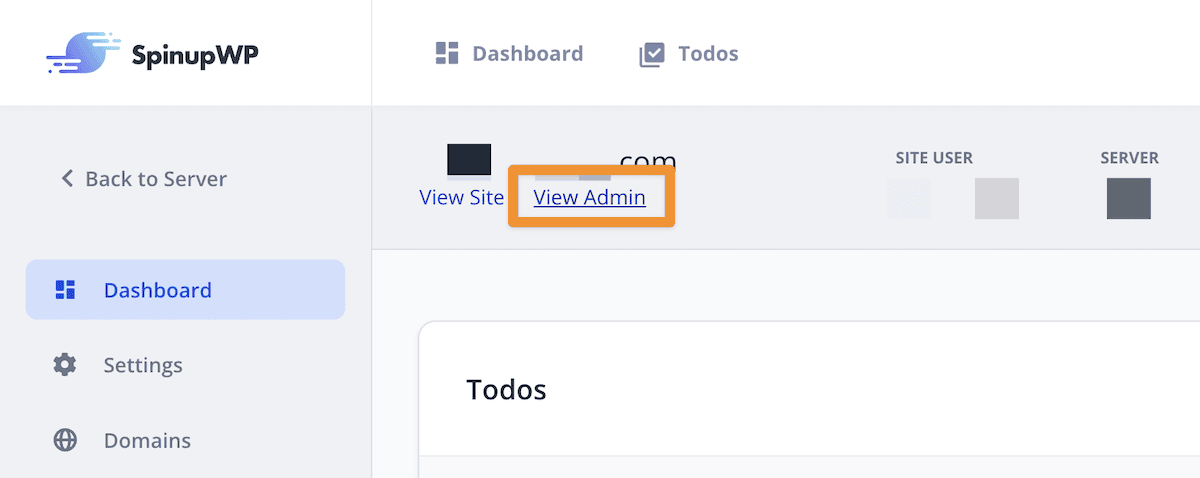 The SpinupWP dashboard showing a sign in link to the WordPress admin dashboard.