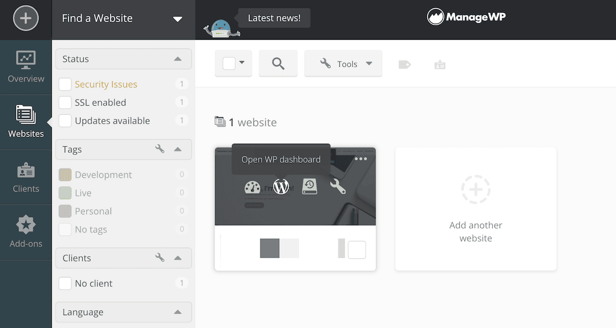 The ManageWP dashboard showing a link to the WordPress dashboard of a website.