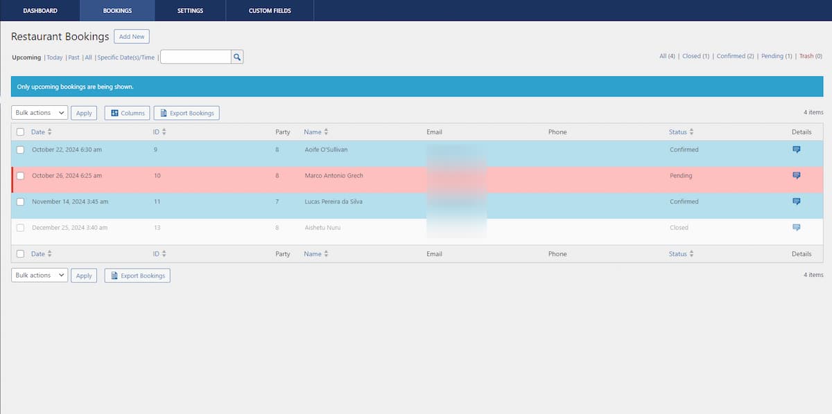 A screenshot of Five Star Restaurant Reservations' booking tab