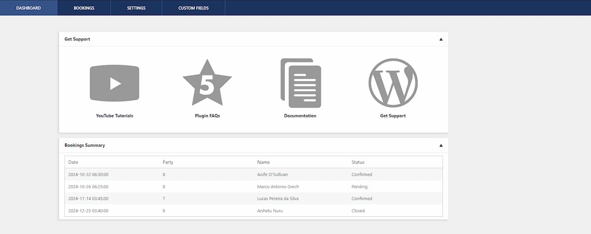 A screenshot of Five Star Restaurant Reservations' dashboard