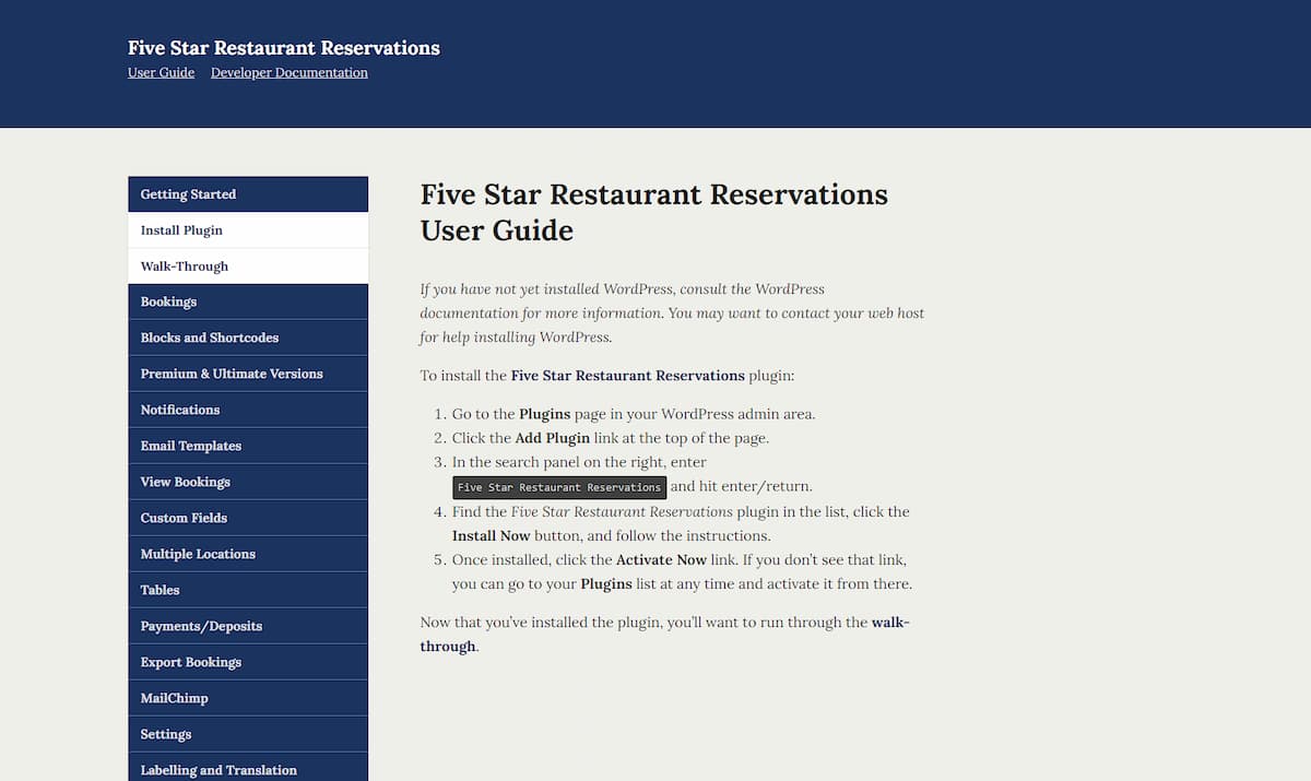 A screenshot of Five Star Restaurant Reservations' documentation page