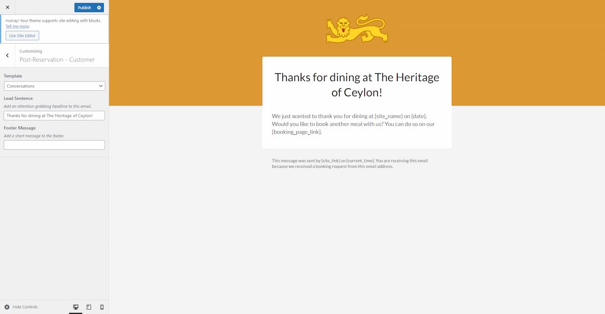 A screenshot of Five Star Restaurant Reservations' email customizer
