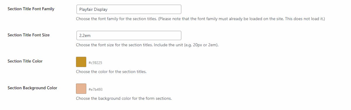 A screenshot of font options for customizing the booking forms