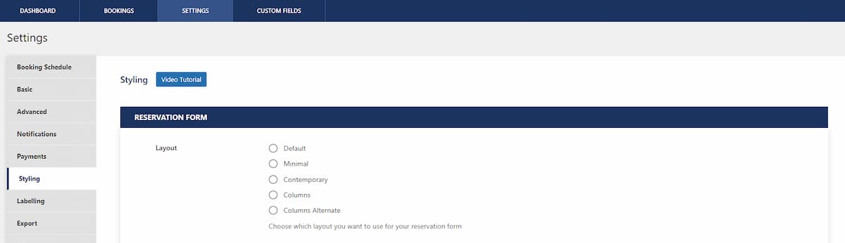 A screenshot of Five Star Restaurant Reservations' layout options