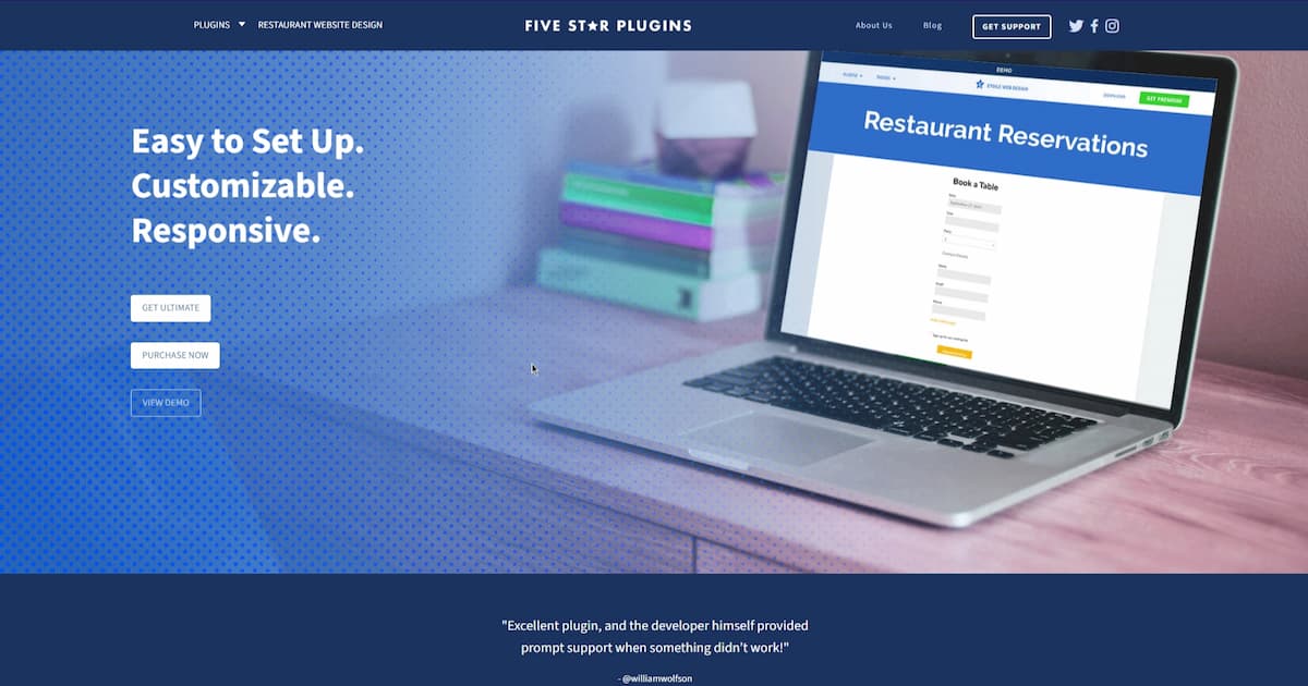 A screenshot of Five Star Restaurant Reservations plugin's homepage