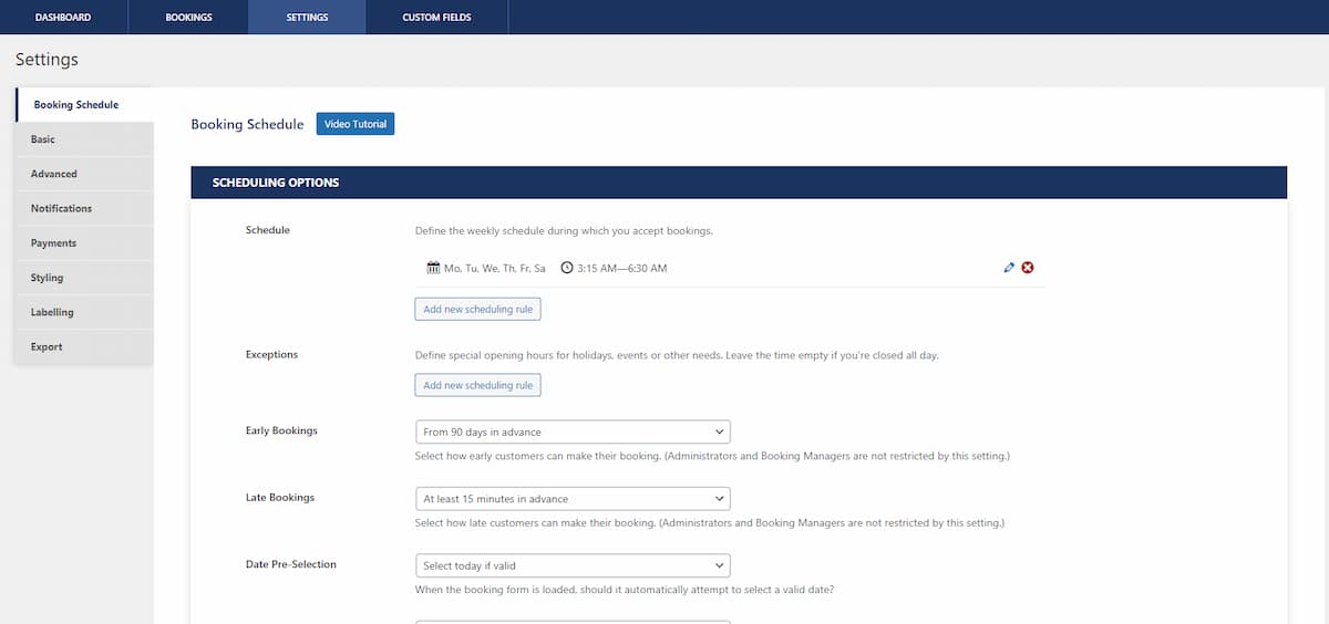 A screenshot of Five Star Restaurant Reservations' settings tab