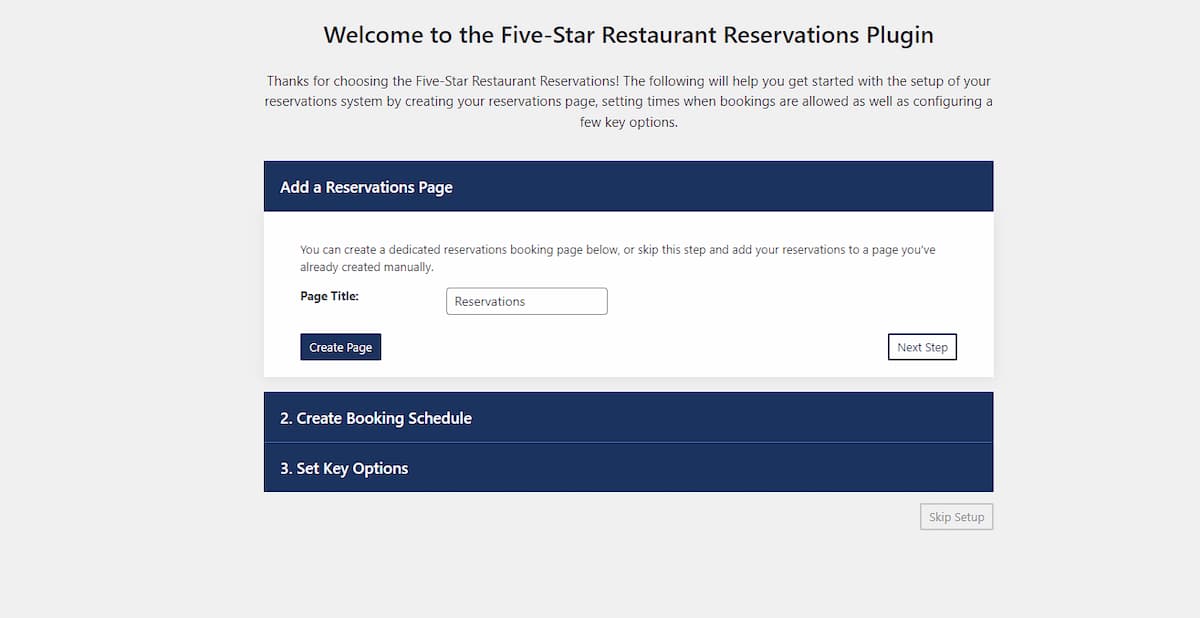 A screenshot of Five Star Restaurant Reservations' setup process