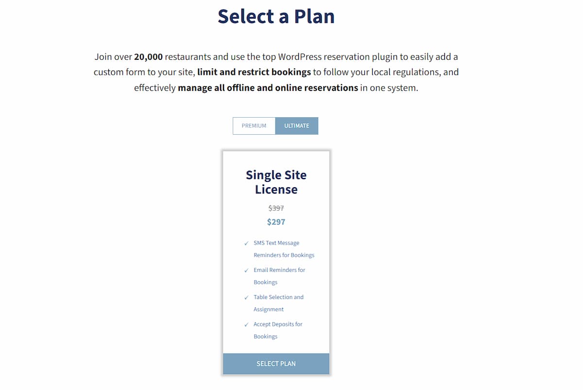 A screenshot of Five Star Restaurant Reservations ultimate plan's pricing