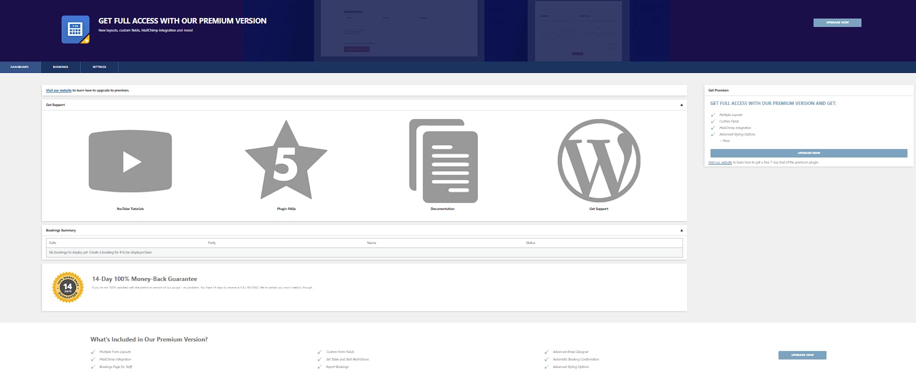 A screenshot of Five Star Restaurant Reservations' upsells on the dashboard