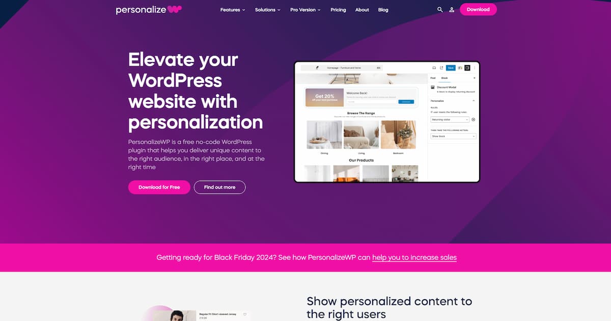 A screenshot of PersonalizeWP's home page