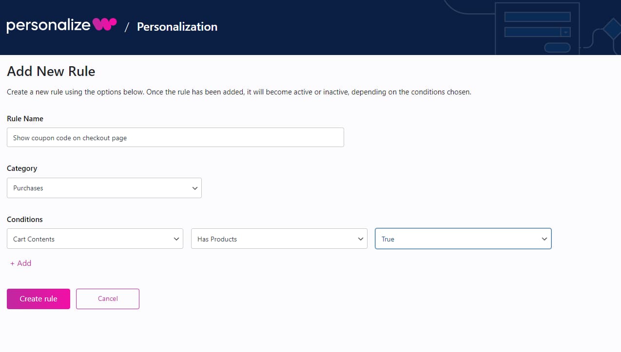 how to add a cart content condition on PersonalizeWP