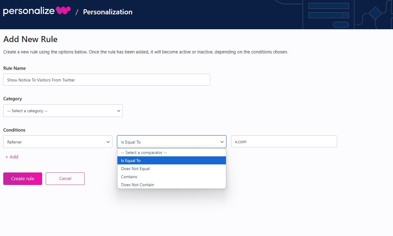how to add a referrer condition on PersonalizeWP