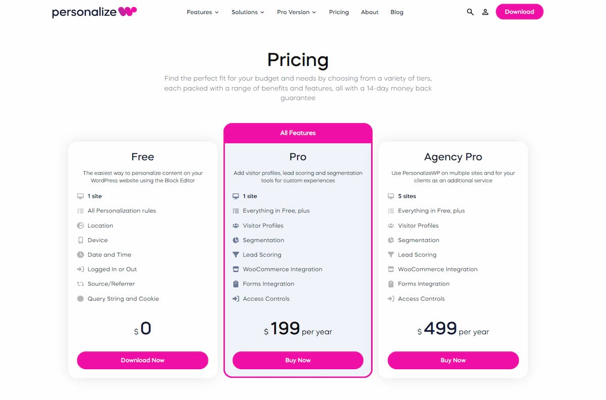 An overview of PersonalizeWP's pricing