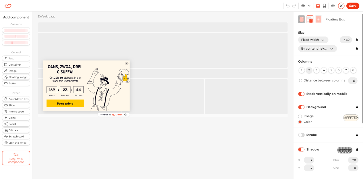 Claspo's drag-and-drop popup builder.
