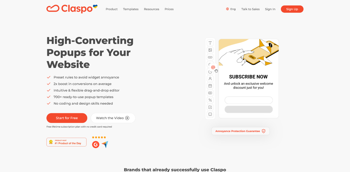 The Claspo WordPress plugin homepage.