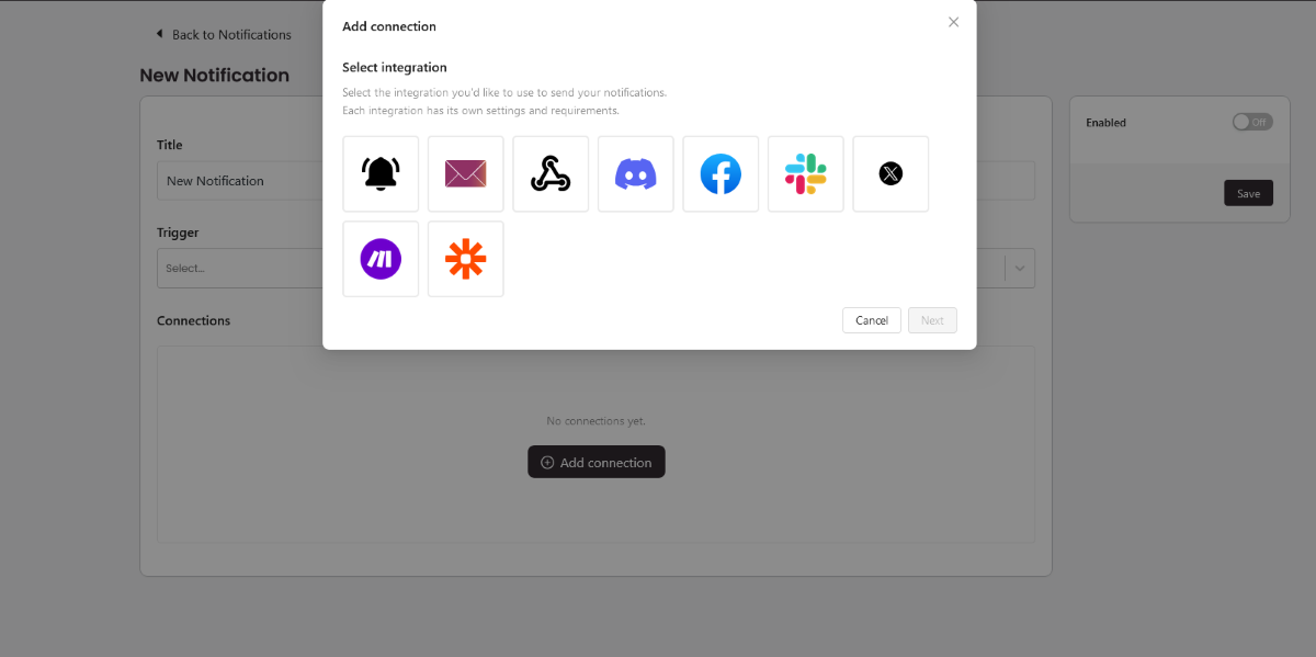 The connection and integration options within Notification Master.