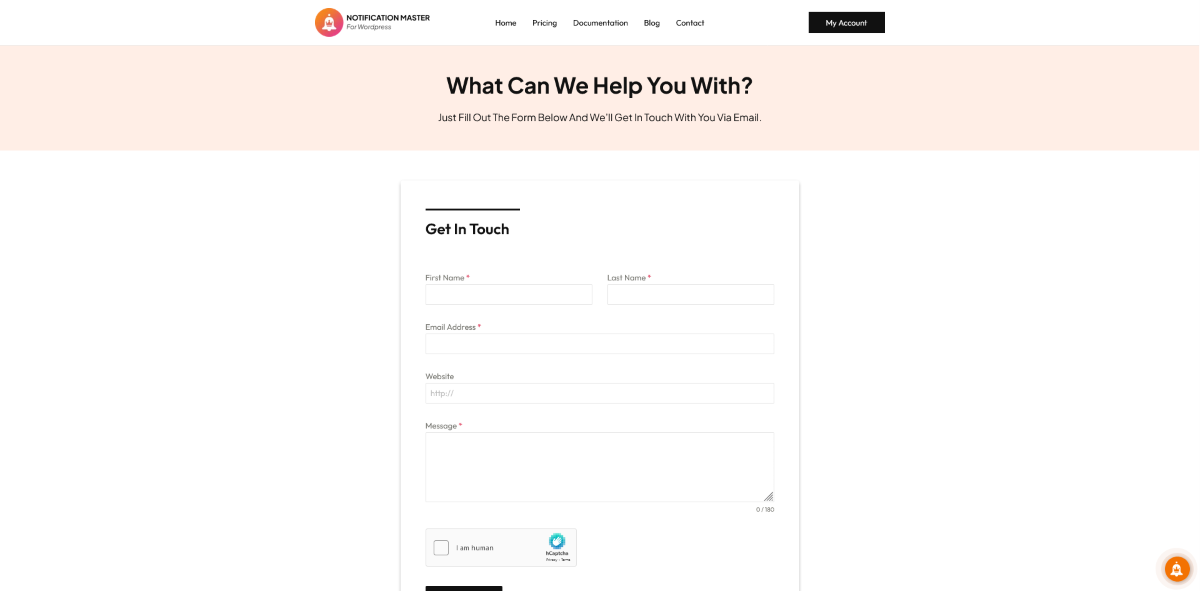 The contact form on the Notification Master website.