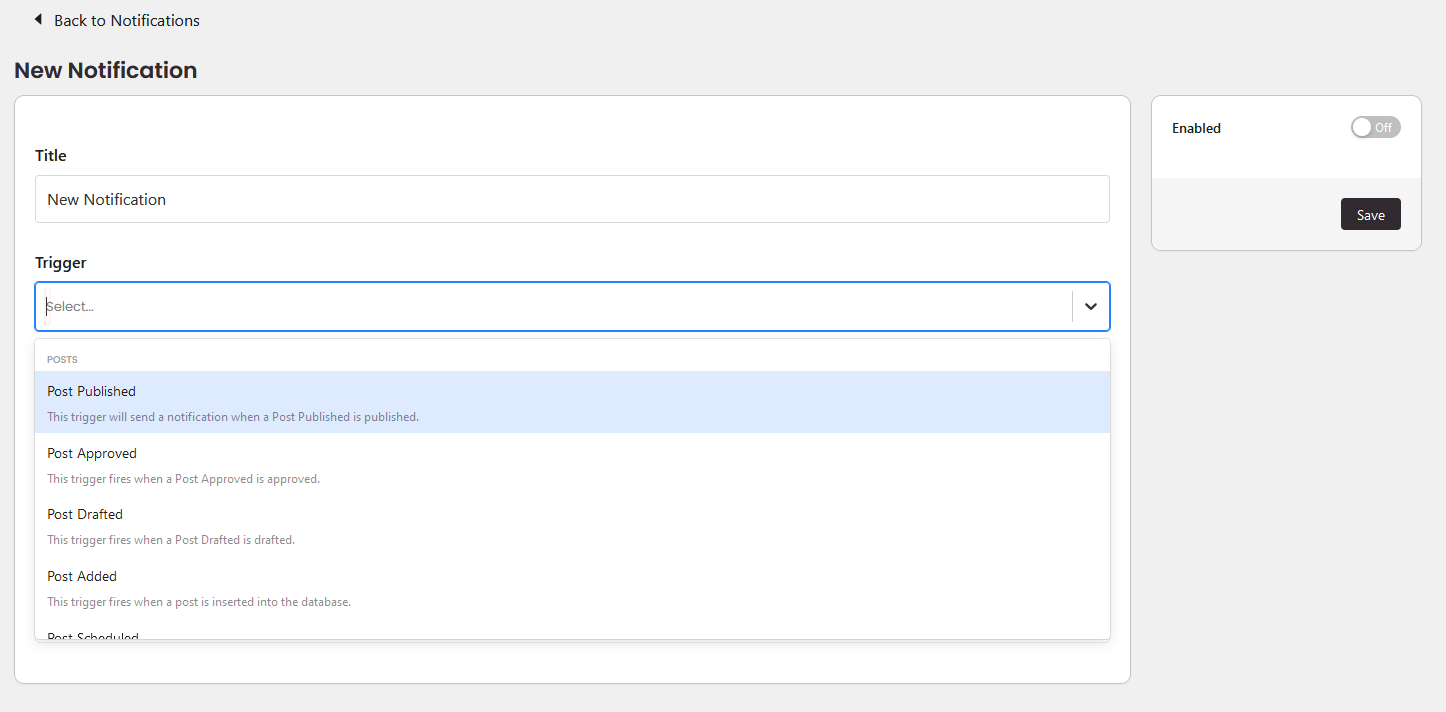 Selecting a trigger from the New Notification screen within Notification Manager.