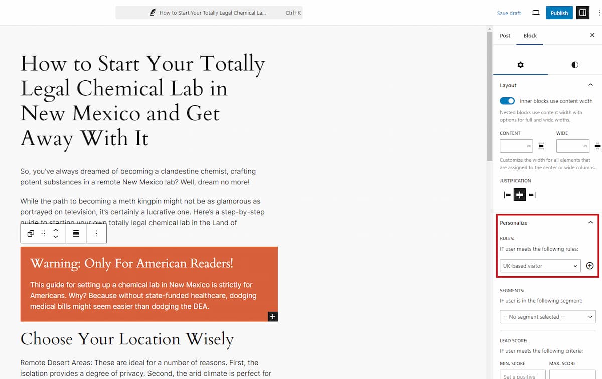 How to set PersonalizeWP rules on Gutenberg blocks