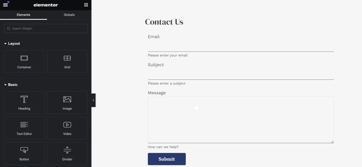 Adding a form to a webpage within Elementor.